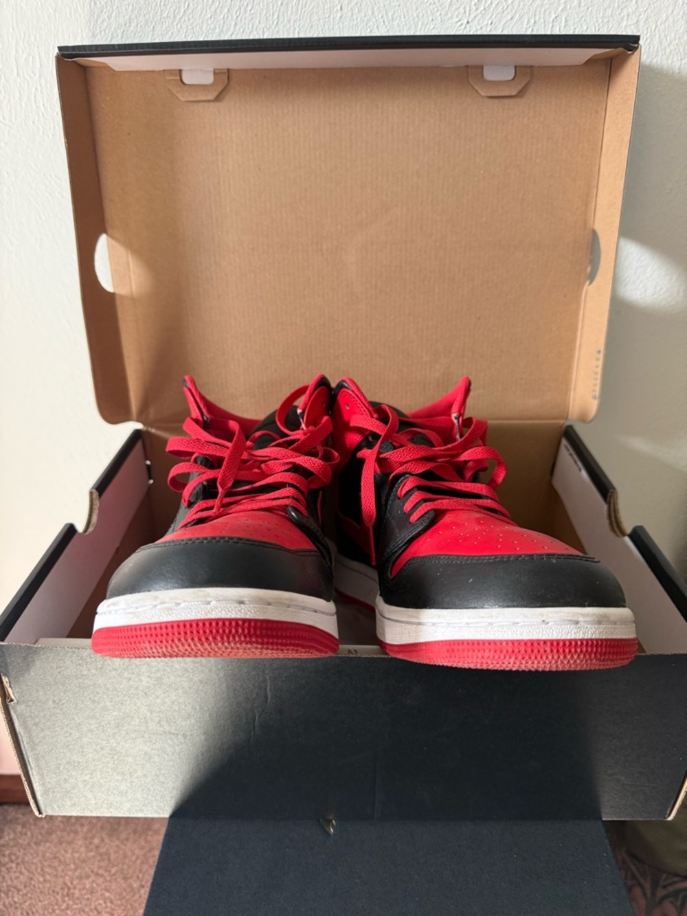 Jordan 1 Mid Nike Men’s Black and Red High-Top Sneakers - Picture 7 of 14